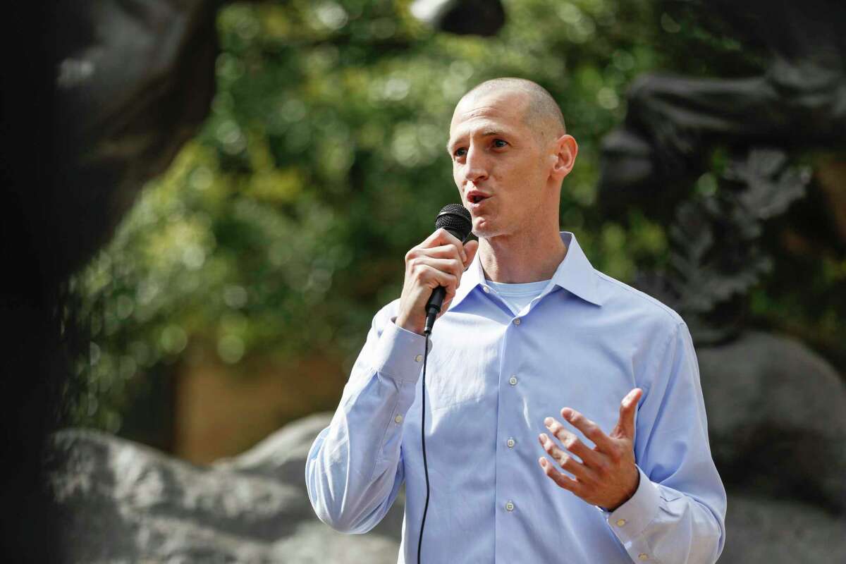 Zach Vance, a Republican running for lieutenant governor, talks about his support for cannabis decriminalization during a press conference and petition signing event held on the Quad of Texas State University in San Marcos, Texas, Tuesday, Feb. 1, 2022.