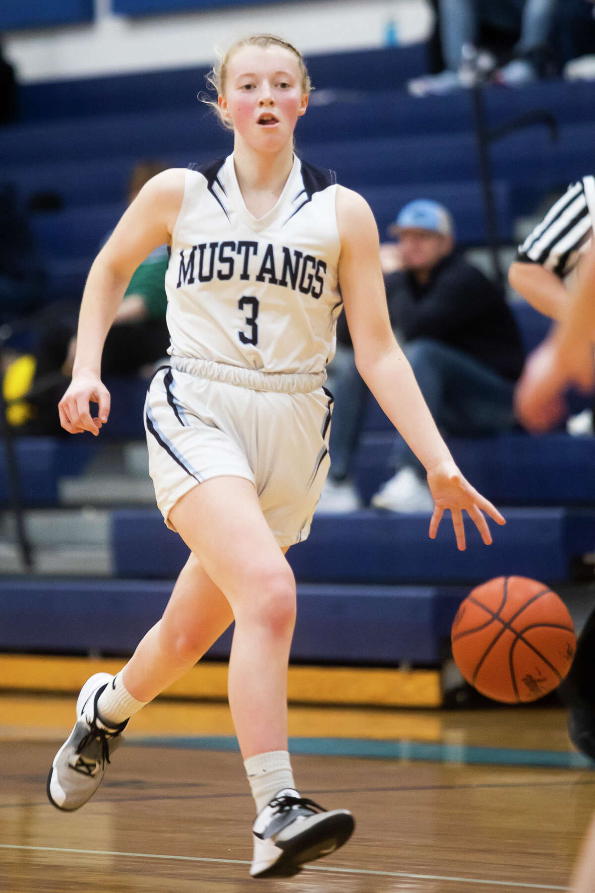 Meridian's Halen McLaughlin dribbles down the court during a game against Beaverton Tuesday, Feb. 1, 2022 at Meridian Early College High School.