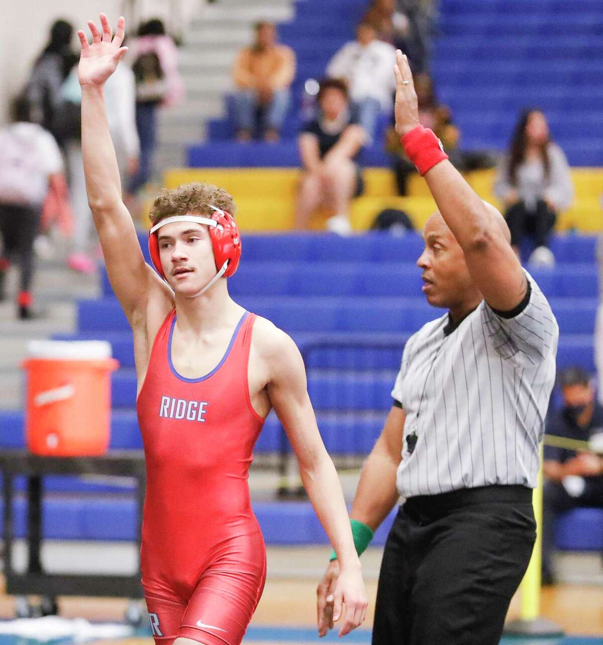 Manuel Rueben of Oak Ridge defeated Vanden Johnson of Willis in a 126-pound bout during the District 8-6A wrestling championships at Klein High School, Tuesday, Feb. 1, 2022, in Spring.