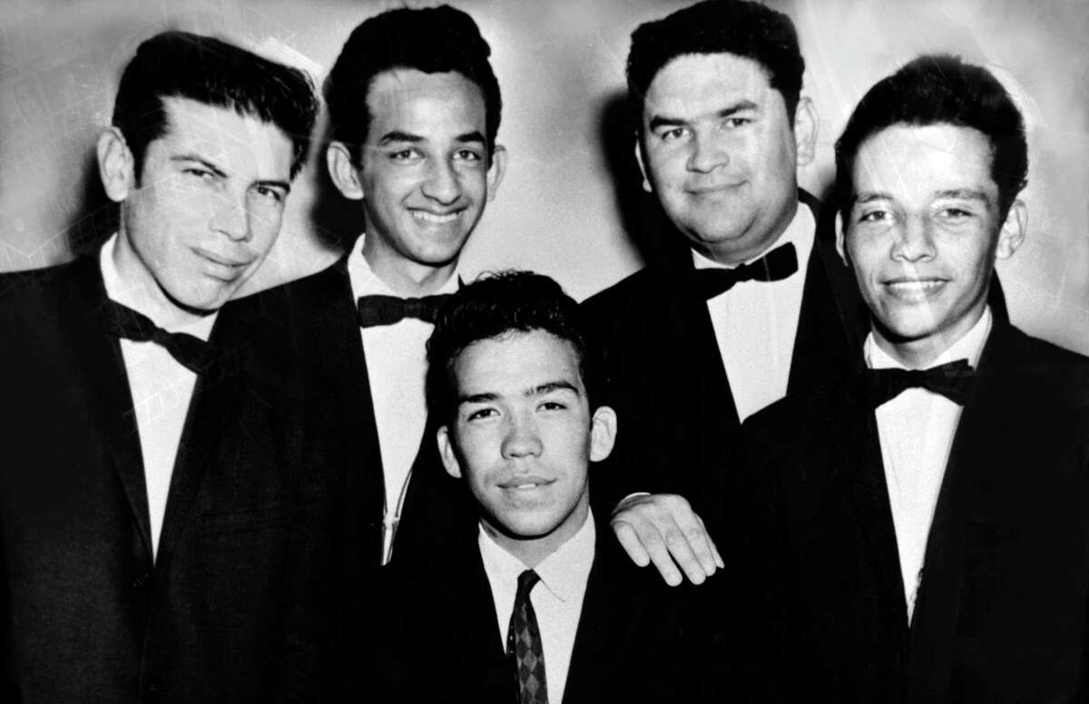 Manny Guerra (second from right) with Sunny and the Sunglows. Guerra produced the band’s big hit “Talk To Me.” Also pictured are Henry Nañez (from left), Rudy Guerra, Sunny Ozuna and Tommy Luna.