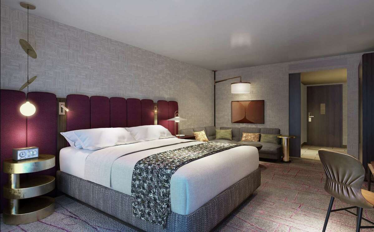 Renderings of renovations at the Marriott Plaza hotel, which will be known as The Otis Hotel San Antonio when it reopens.