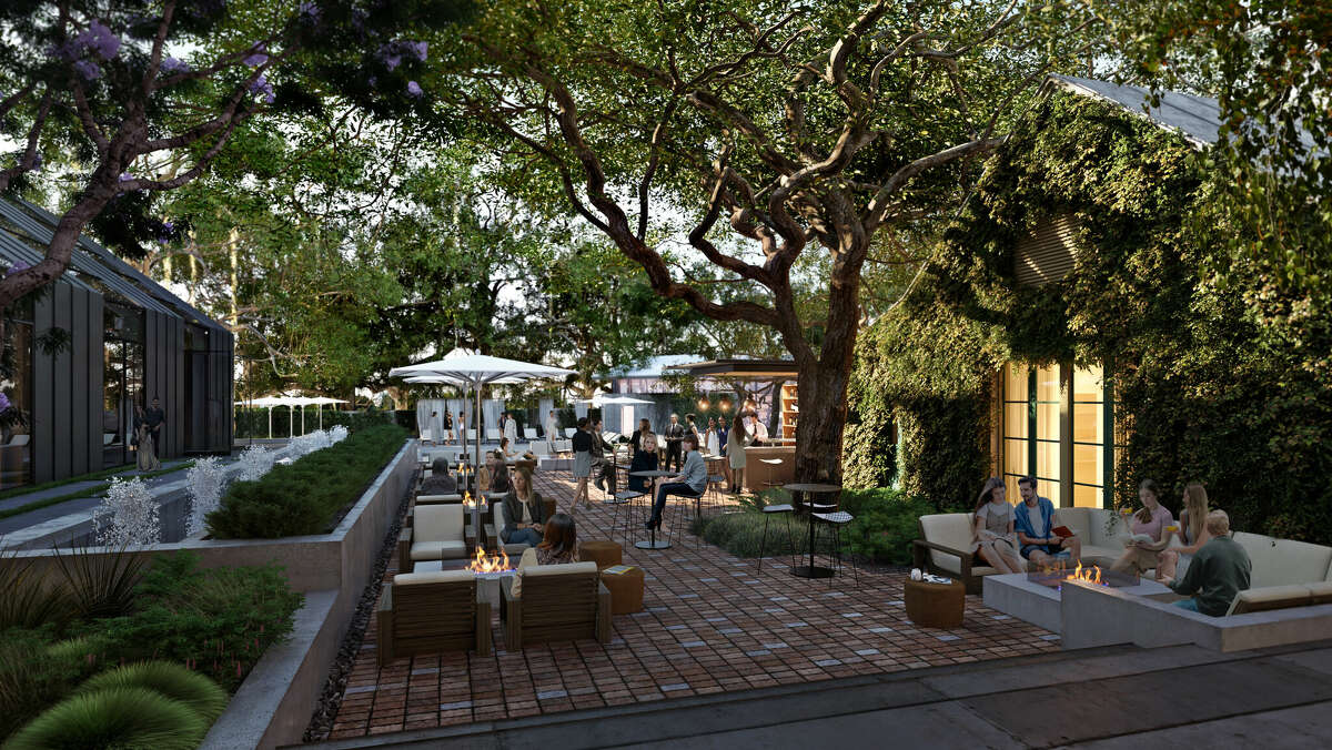 The courtyard will feature swanky outdoor lounges next to the guest bungalows. 