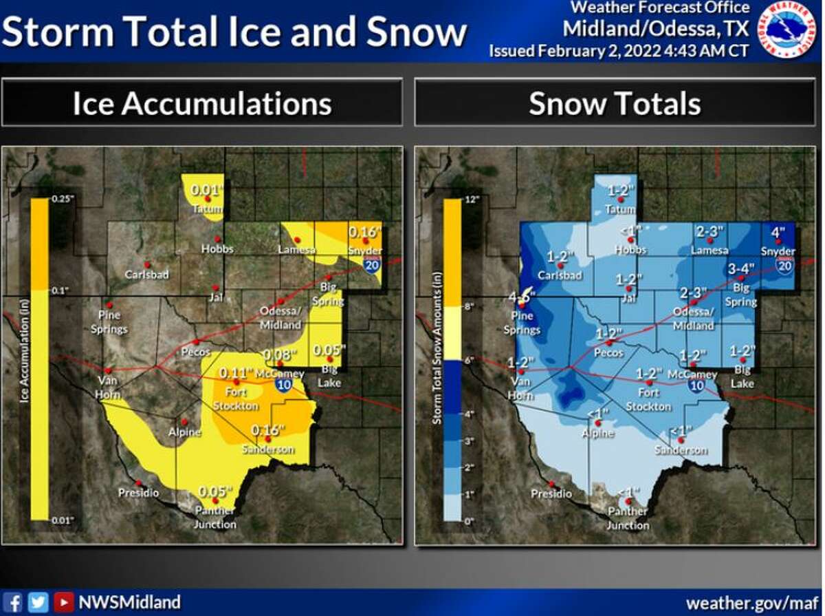Ice accumulations of up to a two tenths of an inch of ice will be possible across the northeast areas and a tenth of an inch will be possible, especially along I-10 near Fort Stockton and east. Snow accumulations of 1-4 inches will be possible for a large portion of the region with higher amounts likely across the higher elevations and the northeastern Permian Basin.