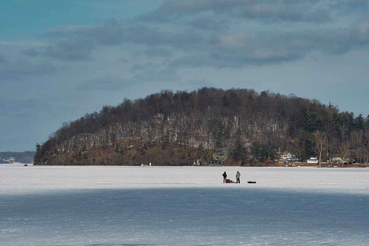 A view of Snake Hill jutting out into Saratoga Lake on Wednesday, Feb. 2, 2022, in Stillwater, N.Y. The Dake Family is proposing four luxury homes for the hill.