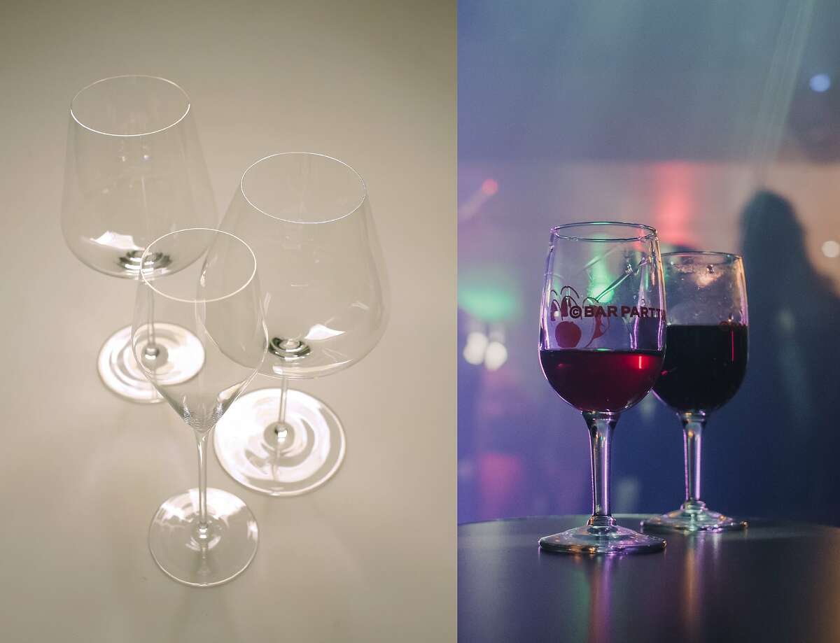 Different factions of wine drinkers are embracing different wine glasses. Some prefer glasses like the Zalto, left, which purports to be scientifically engineered for optimal aromatic expression. Meanwhile, natural wine drinkers at places like San Francisco's Bar Part Time, right, are using small, straight-sided vessels.
