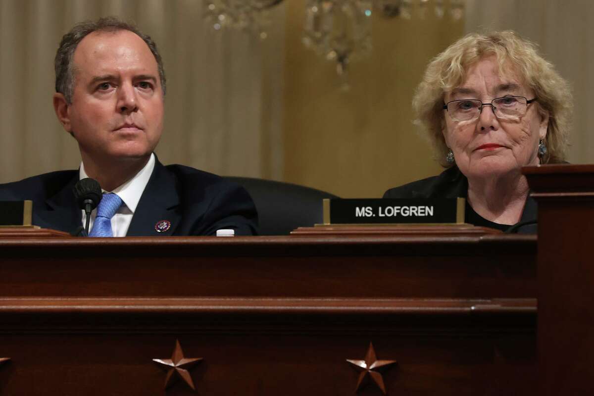 Reps. Adam Schiff (D-Burbank) and Zoe Lofgren (D-San Jose) listen during a select committee meeting investigating the Jan. 6 attack on the Capitol at the Cannon House Office Building on Capitol Hill Oct. 19, 2021.