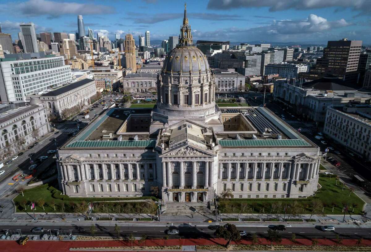 Aerial view of San Francisco City Hall in San Francisco, Calif., on Monday, December 27, 2021.