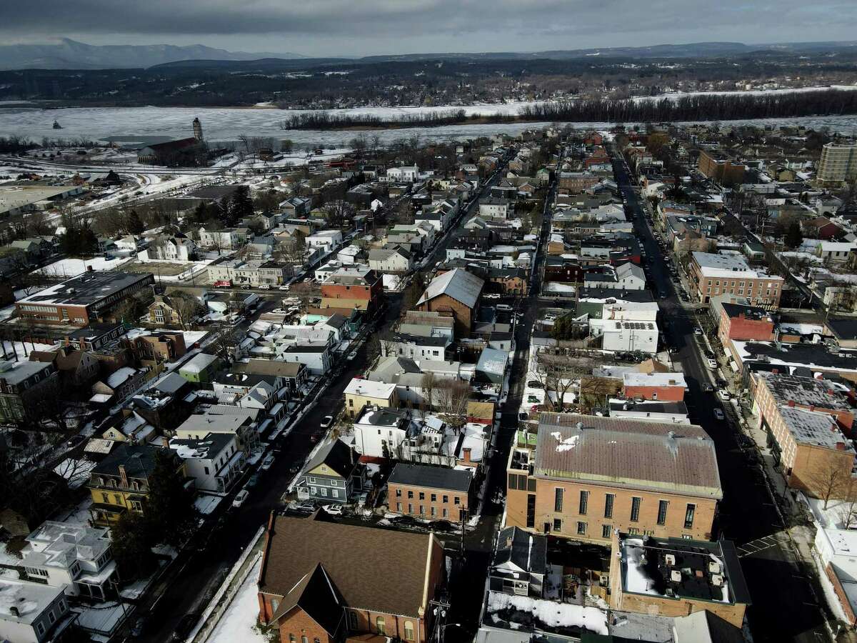 Hudson view looking down Warren Street, right, to the Hudson River on Wednesday, Feb. 2, 2022, in Hudson, N.Y. A new report showed the average worker in Hudson could need to triple their earnings to buy a home in the city.