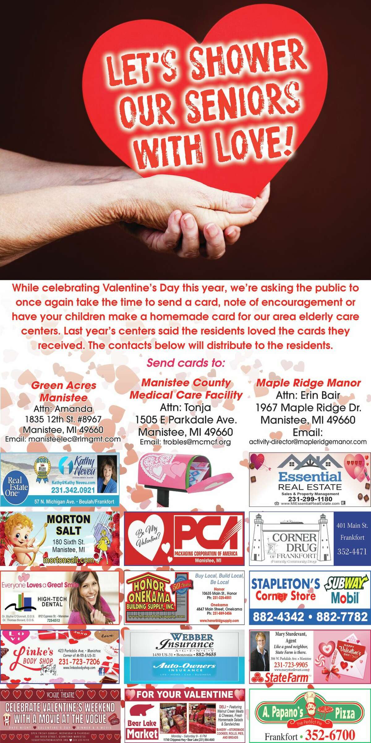 This year, with the support of its sponsors, the Manistee News Advocate and Benzie County Record Patriot are asking the public to share some love with residents of area nursing care centers by sending cards.