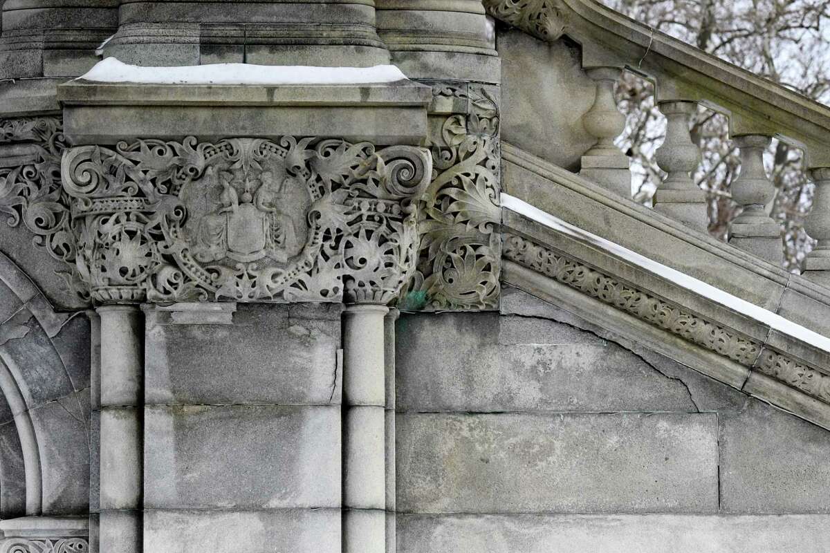 Damage to the Capitol’s eastern staircase is visible on Wednesday, Feb. 2, 2022, in Albany, N.Y. The state plans to repair the stone structure.