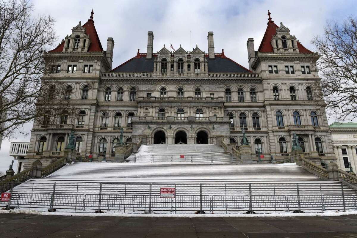 The eastern staircase to the Capitol is fenced off due to structural issues on Wednesday, Feb. 2, 2022, in Albany, N.Y. The state plans to repair the stone structure.