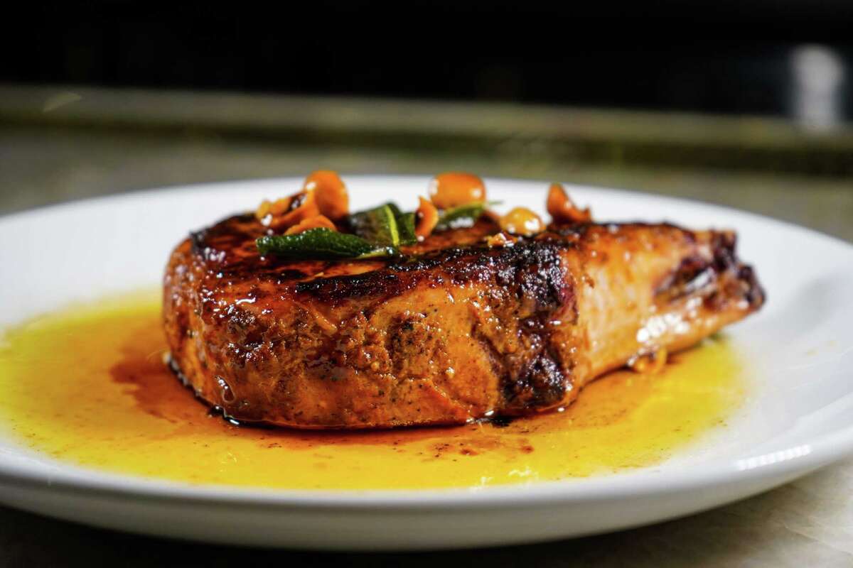 Double cut pork chop in brown butter hazelnut sauce at Juliet Restaurant, 5857 Westheimer, opening Feb. 7.