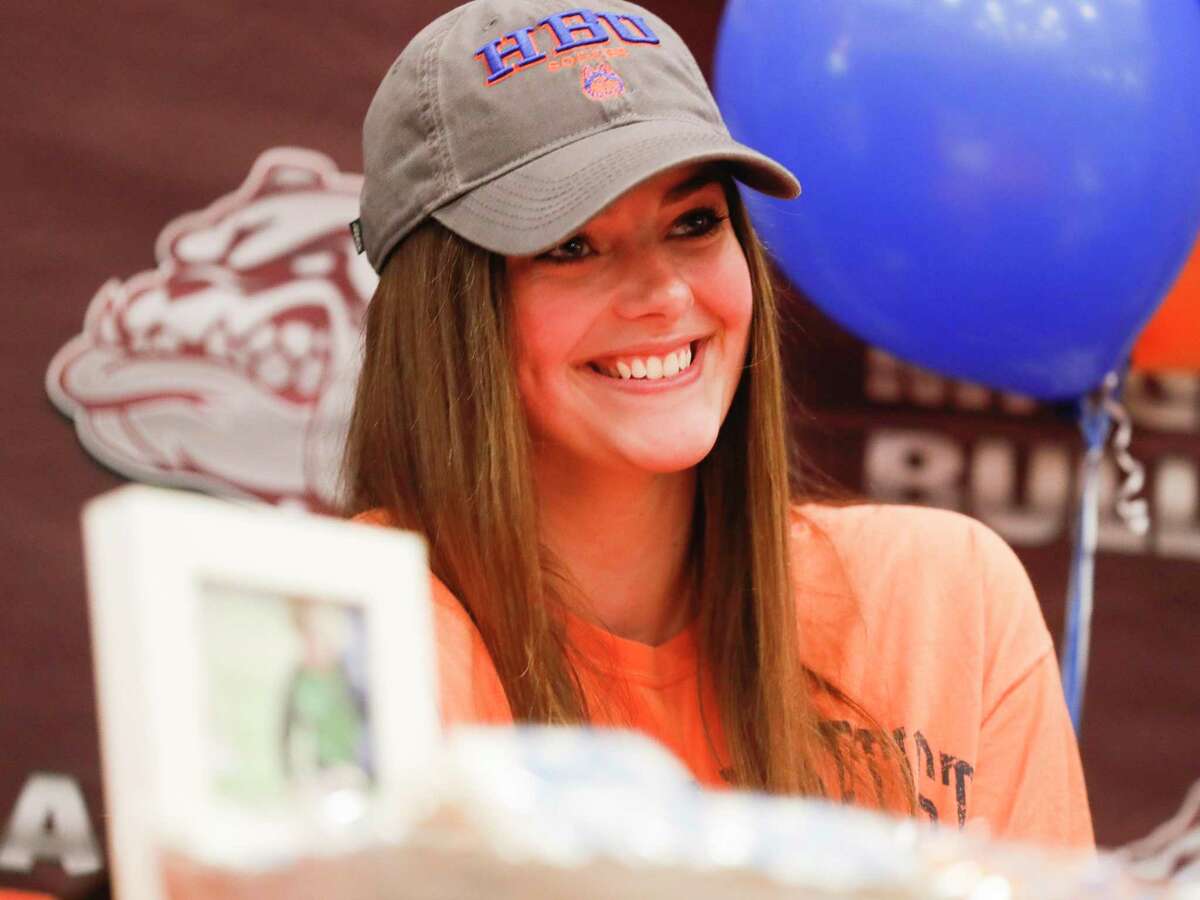 Taylor Sanderson signed to play soccer for Houston Baptist University during a National Signing Day ceremony at Magnolia High School, Wednesday, Feb. 2, 2022.