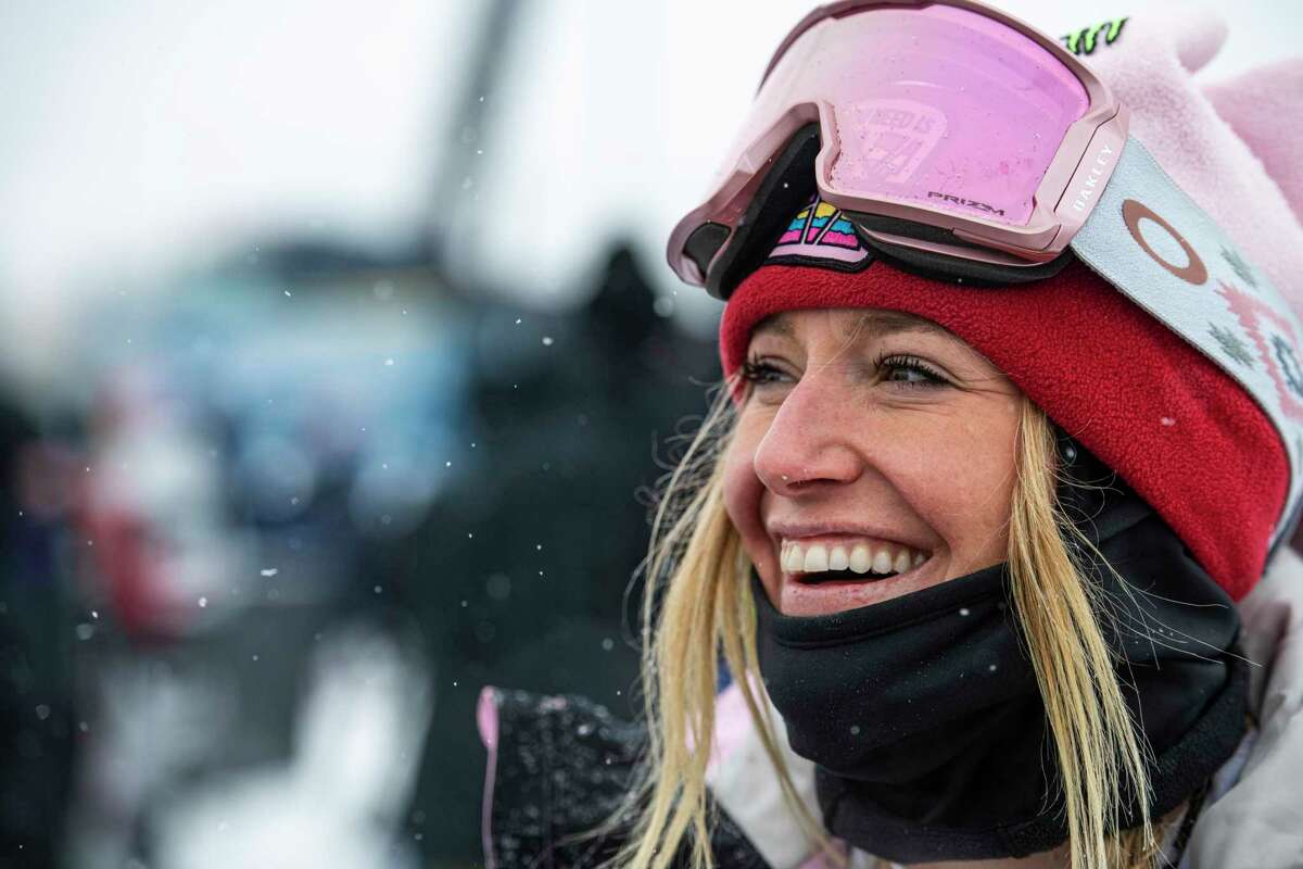 Jamie Anderson stands at the base of the slopestyle course at Aspen on Jan. 21. (Kelsey Brunner/The Aspen Times via AP)