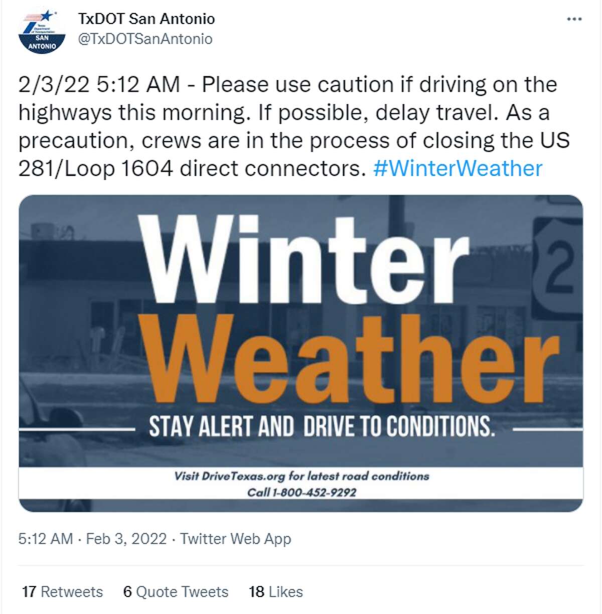 This screenshot shows a tweet sent out by the Texas Department of Transportation. 