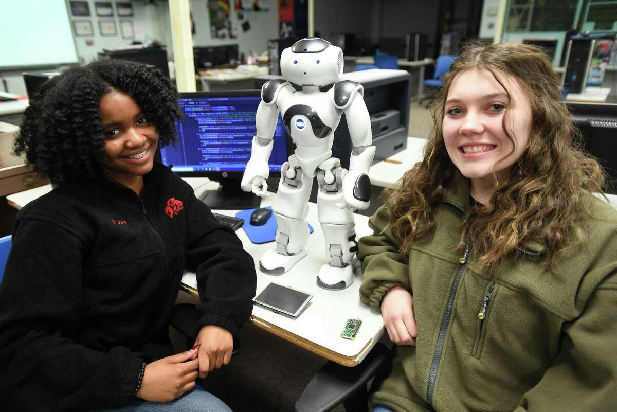 Information Technology students Aurelie Elias, 16, left, and Bridgette Nealy, 17, both of West Haven, helped Platt Tech to the College Board Computer Science Female Diversity Award at the technical high school in Milford on Thursday, Jan. 27.