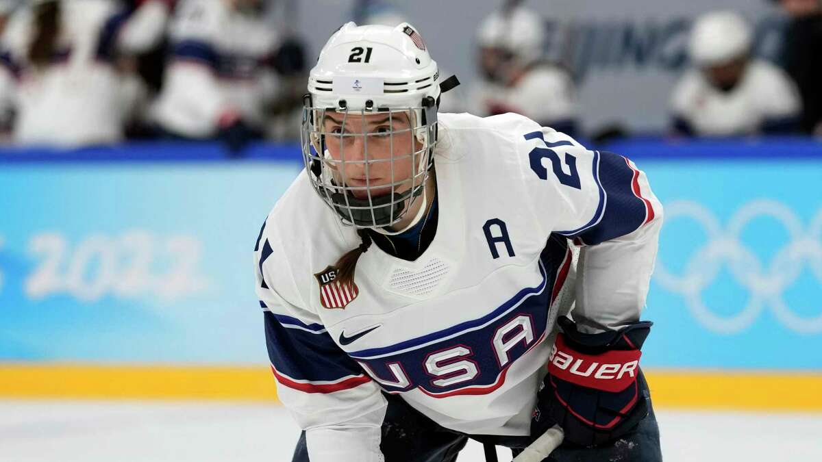 United States' Hilary Knight plays against Finland during a preliminary round women's hockey game at the 2022 Winter Olympics, Thursday, Feb. 3, 2022, in Beijing. (AP Photo/Petr David Josek)