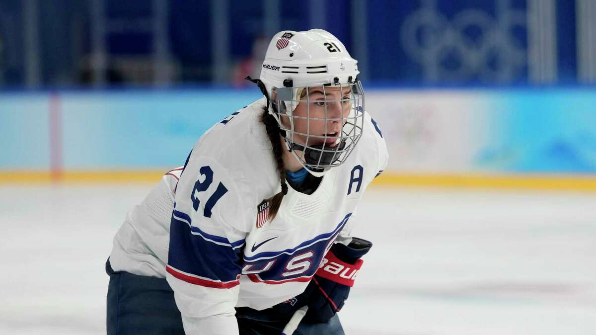 United States' Hilary Knight plays against Finland during a preliminary round women's hockey game at the 2022 Winter Olympics, Thursday, Feb. 3, 2022, in Beijing. (AP Photo/Petr David Josek)