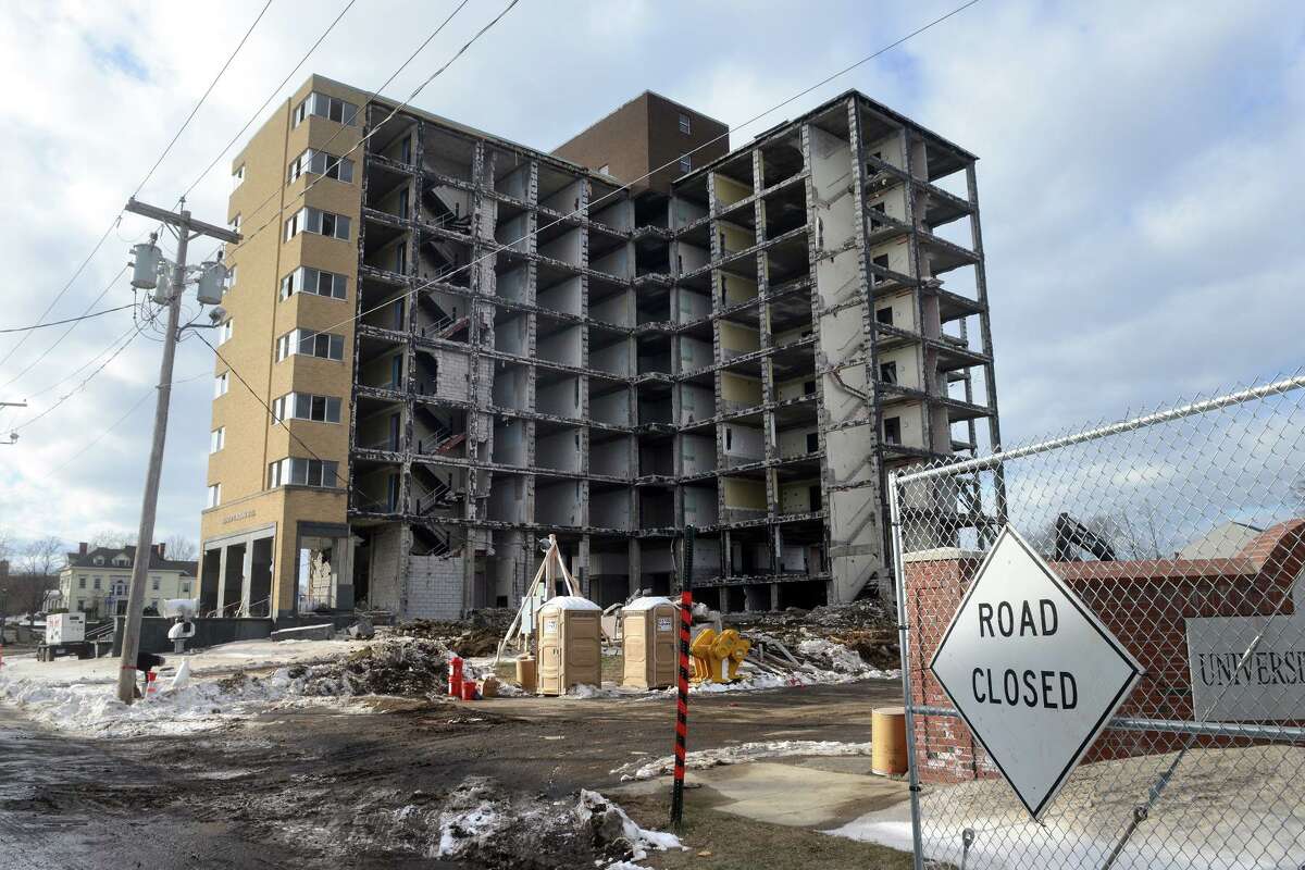 Demolition work has started on Bodine Hall, on the campus of the University of Bridgeport, in Bridgeport, Conn. Feb. 1, 2022.