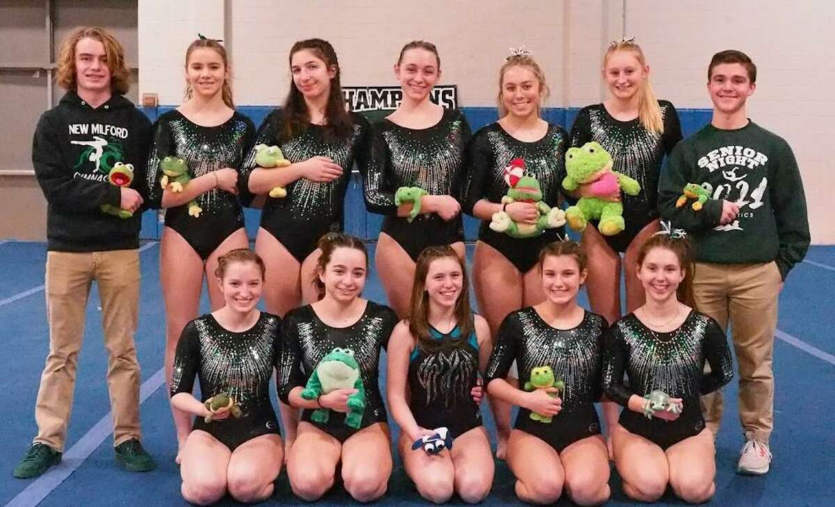 New Milford will host the State Open on March 5. Team members (front row) are Leanna Ryan, Kyleigh O’Brien, Chloe Bakalar (Danbury team of one), Hannah Rainey and Kristina Polo; (second row) manager Quinn Geier, Regan Williams, Taormina Amelio, Emmaline Moore, Riley Herring, Claire Joffrion and manager Alex Polo.