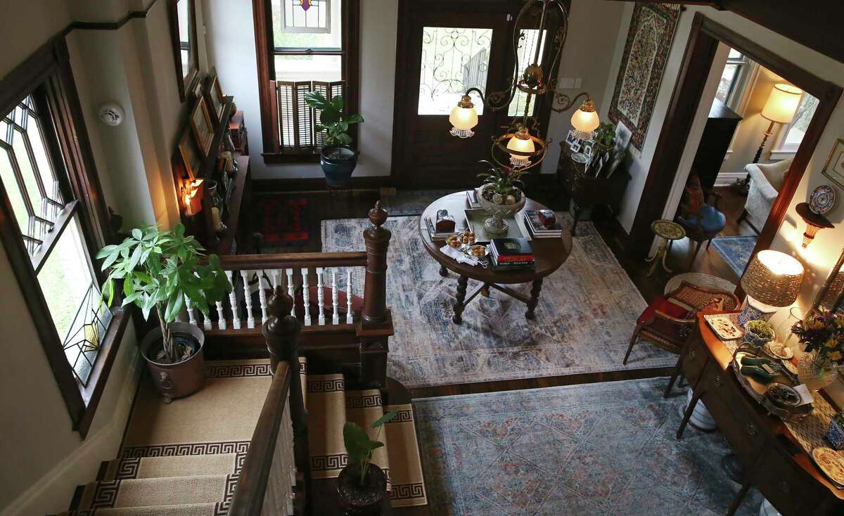 A view of the foyer from the top of the staircase.