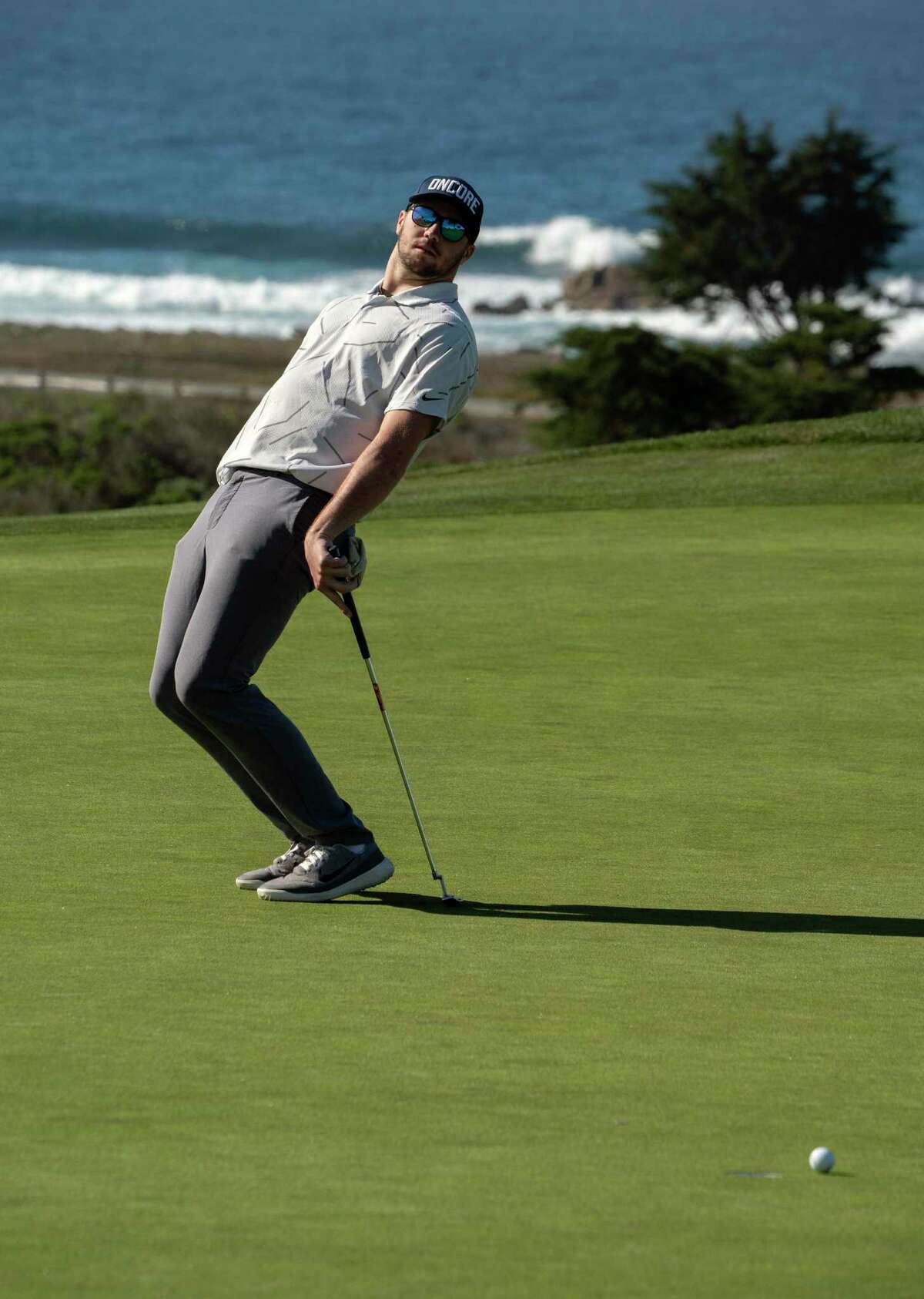 Josh Allen reacts to a putt that just misses at the 7th hole on the Monterey Peninsula Country Club golf course during the AT&T Pebble Beach Pro-Am on Thursday, Feb. 3, 2022 in Pebble Beach, Calif.