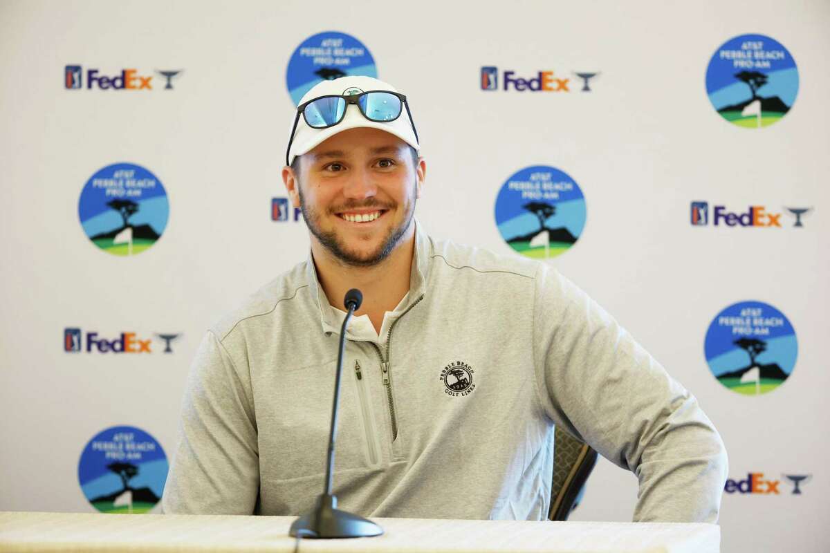 PEBBLE BEACH, CALIFORNIA - FEBRUARY 02: Buffalo Bills quarterback Josh Allen speaks to the media during a press conference prior to the AT&T Pebble Beach Pro-Am at Pebble Beach Golf Links on February 02, 2022 in Pebble Beach, California. (Photo by Cliff Hawkins/Getty Images)