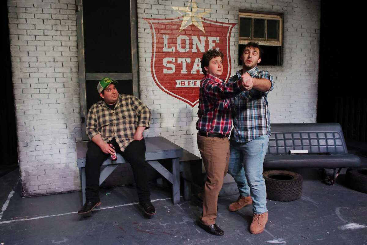 Matt Pena, McCade Fletcher and Jonathan Lammey rehearse a scene from “Lone Star,” which is being performed with “Laundry and Bourbon.” “When performed together, each play sets the backstory for the other; they’re two sides of the same coin,” director Susan Mele said.