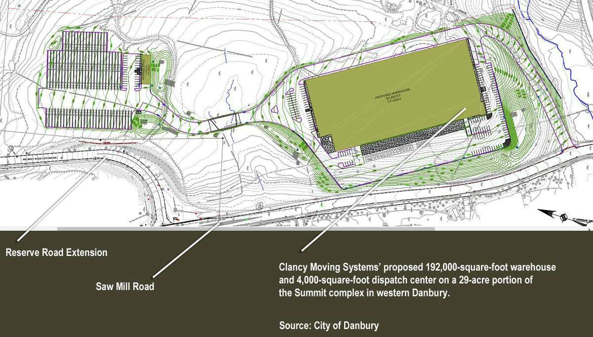 Details of a proposed 196,000-square-foot warehouse and office headquarters for a New York-based moving company on the Summit campus in western Danbury.