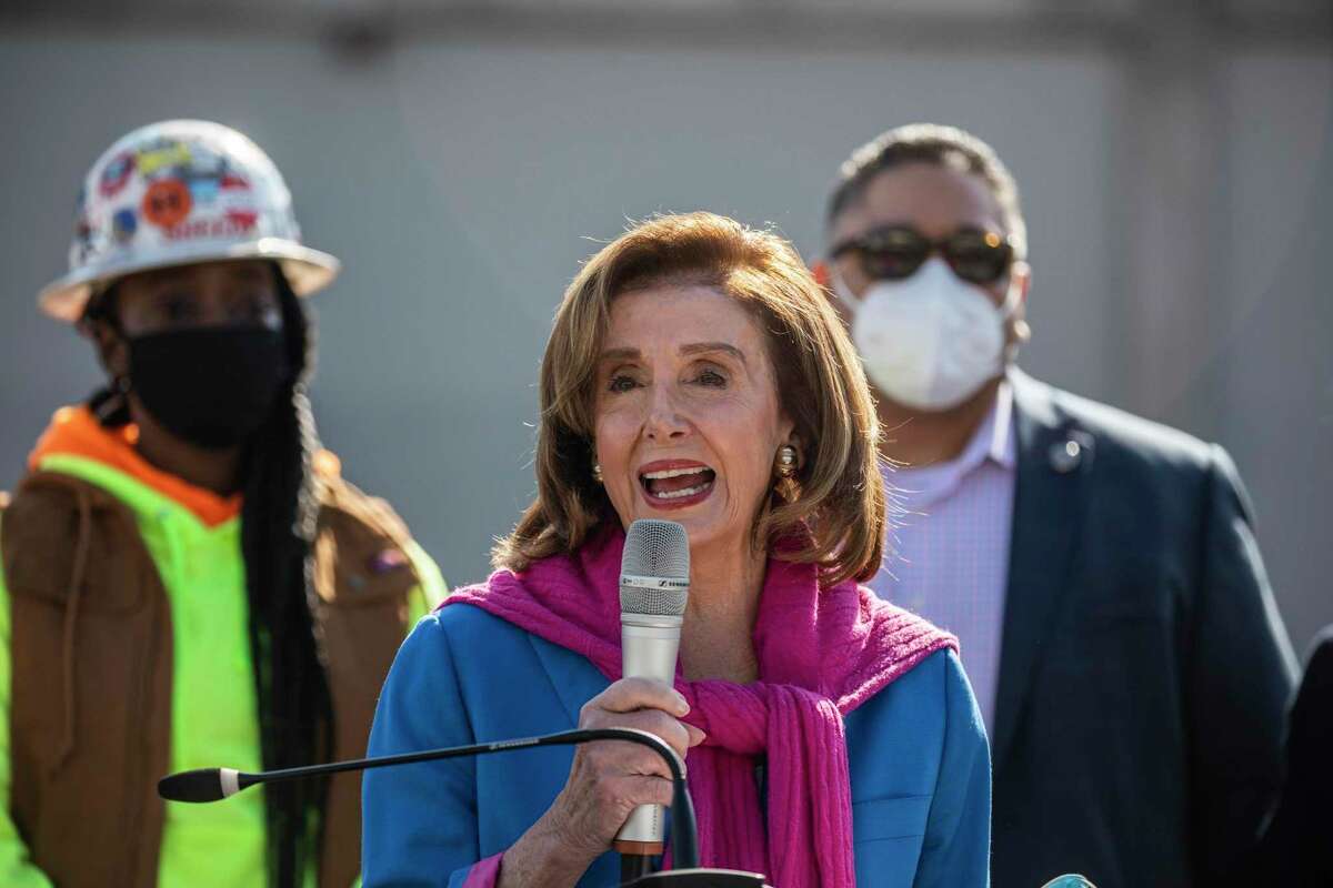 House Speaker Rep. Nancy Pelosi (D-San Francisco) speaks during a Bay Area infrastructure event at San Francisco International Airport on Jan. 28, 2022.