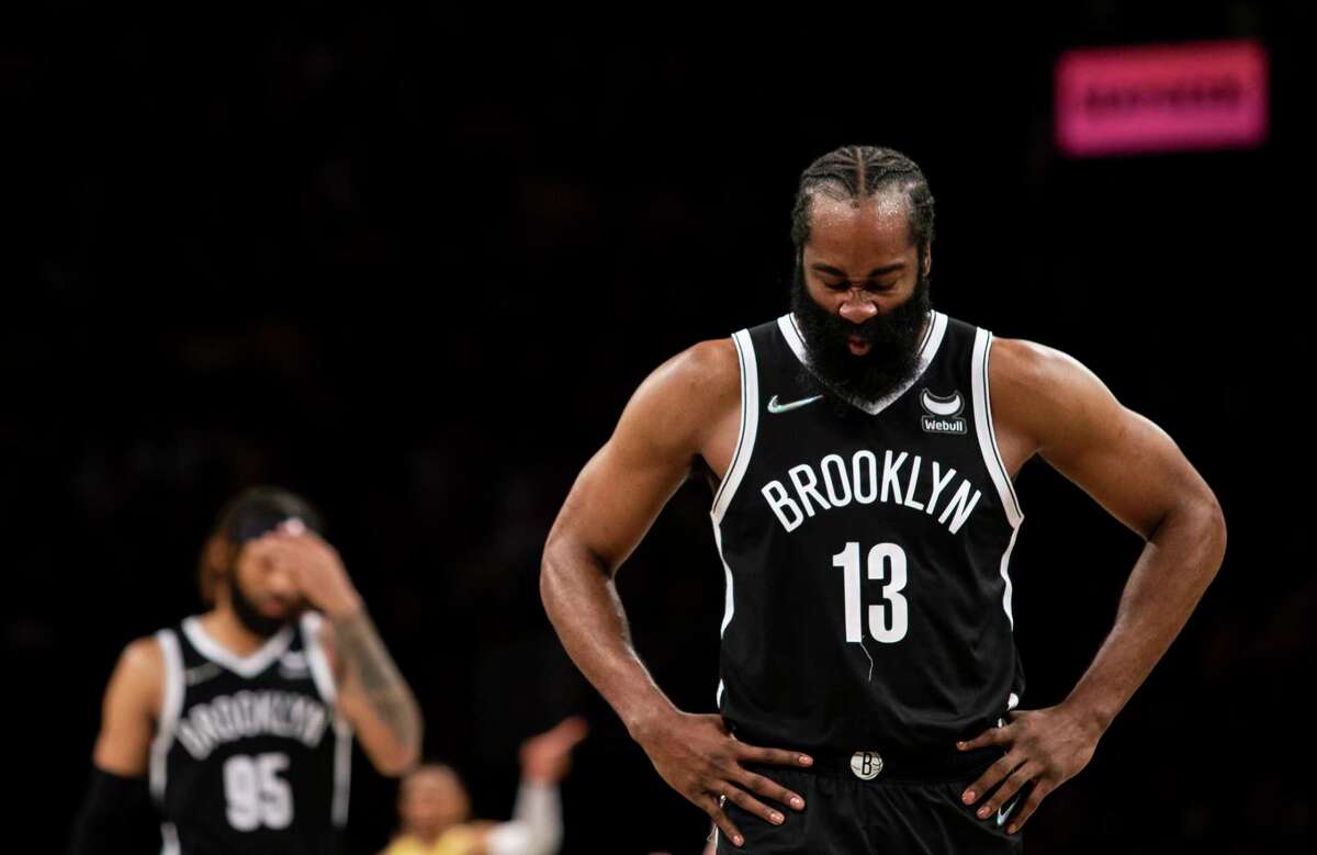 James Harden of the Brooklyn Nets reacts during action against the Los Angeles Lakers at Barclays Center on January 25, 2022 in the Brooklyn borough of New York City.
