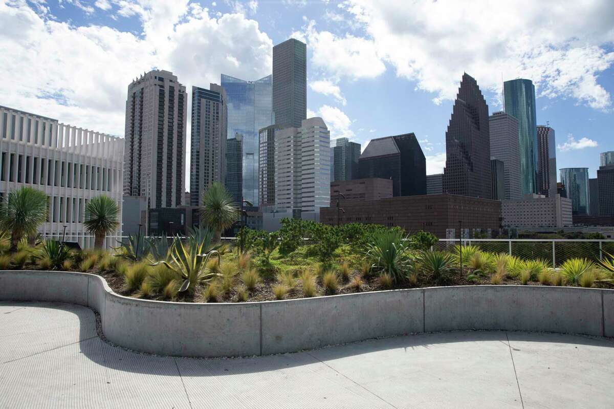 POST Houston’s Skylawn, a roof park, has a view of the downtown skyline.
