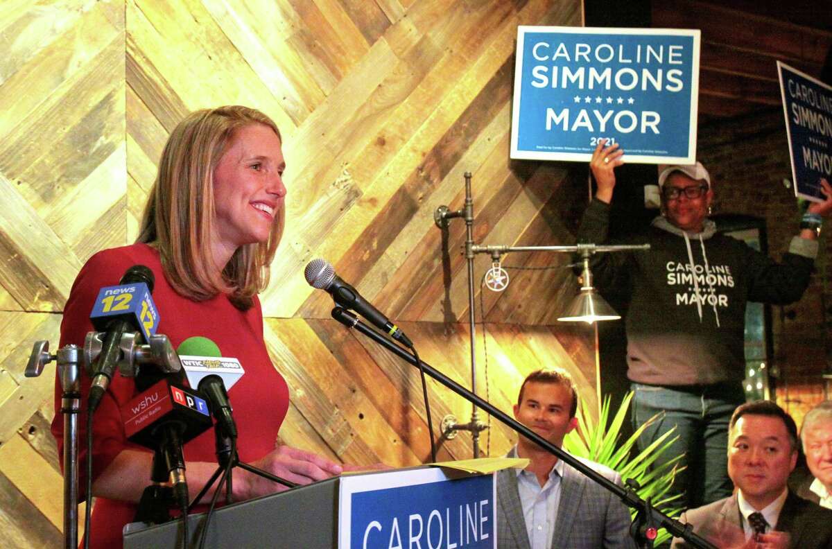 After unaffiliated mayoral candidate Bobby Valentine conceded, Democratic candidate Caroline Simmons speaks to her supporters at Third Place by Half Full Brewery on election night in Stamford, Conn., on Tuesday November 2, 2021.