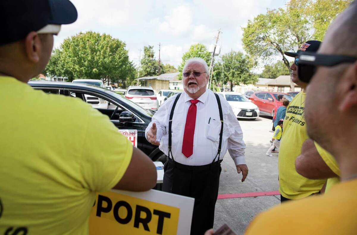 Michael Kubosh, candidate for City Council At-Large Position 3, talks to Houston firefighters at BakerRipley Ripley House to vote on Tuesday, Nov. 5, 2019, in Houston. Kubosh, who went on to win, announced recently that he plans to file grievances with the State Commission on Judicial Conduct against most of Harris County’s district court judges, who oversee felony cases.