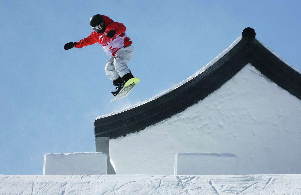 ZHANGJIAKOU, CHINA - FEBRUARY 04: Kokomo Murase of Team Japan performs a trick during the Snowboard Slopestyle Training session ahead of the Beijing 2022 Winter Olympic Games at the Genting Snow Park on February 04, 2022 in Zhangjiakou, China. (Photo by Al Bello/Getty Images)