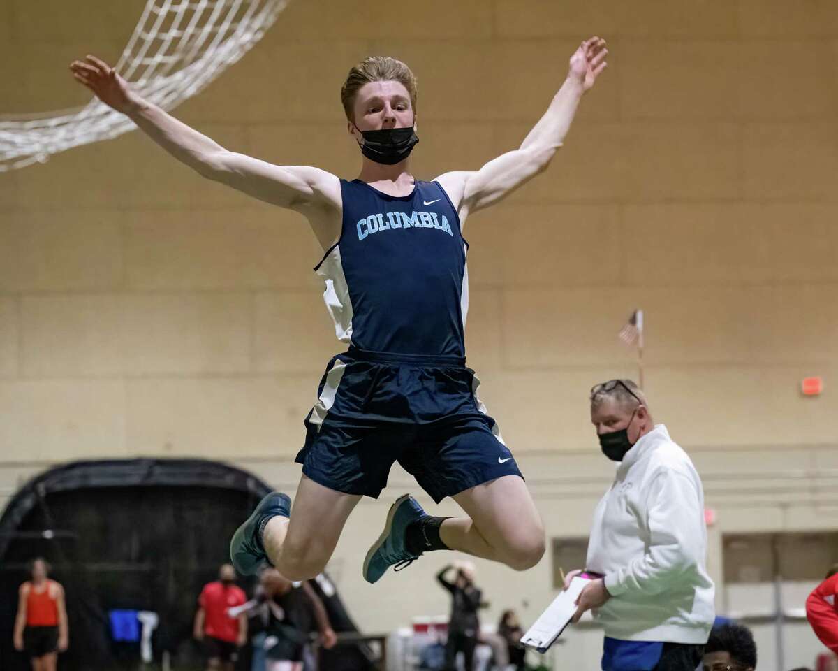 Columbia senior Alex Wheeler competes in the long jump at the indoor track state qualifier at Hudson Valley Community College in Troy, NY, on Saturday, Feb. 5, 2022. (Jim Franco/Special to the Times Union)