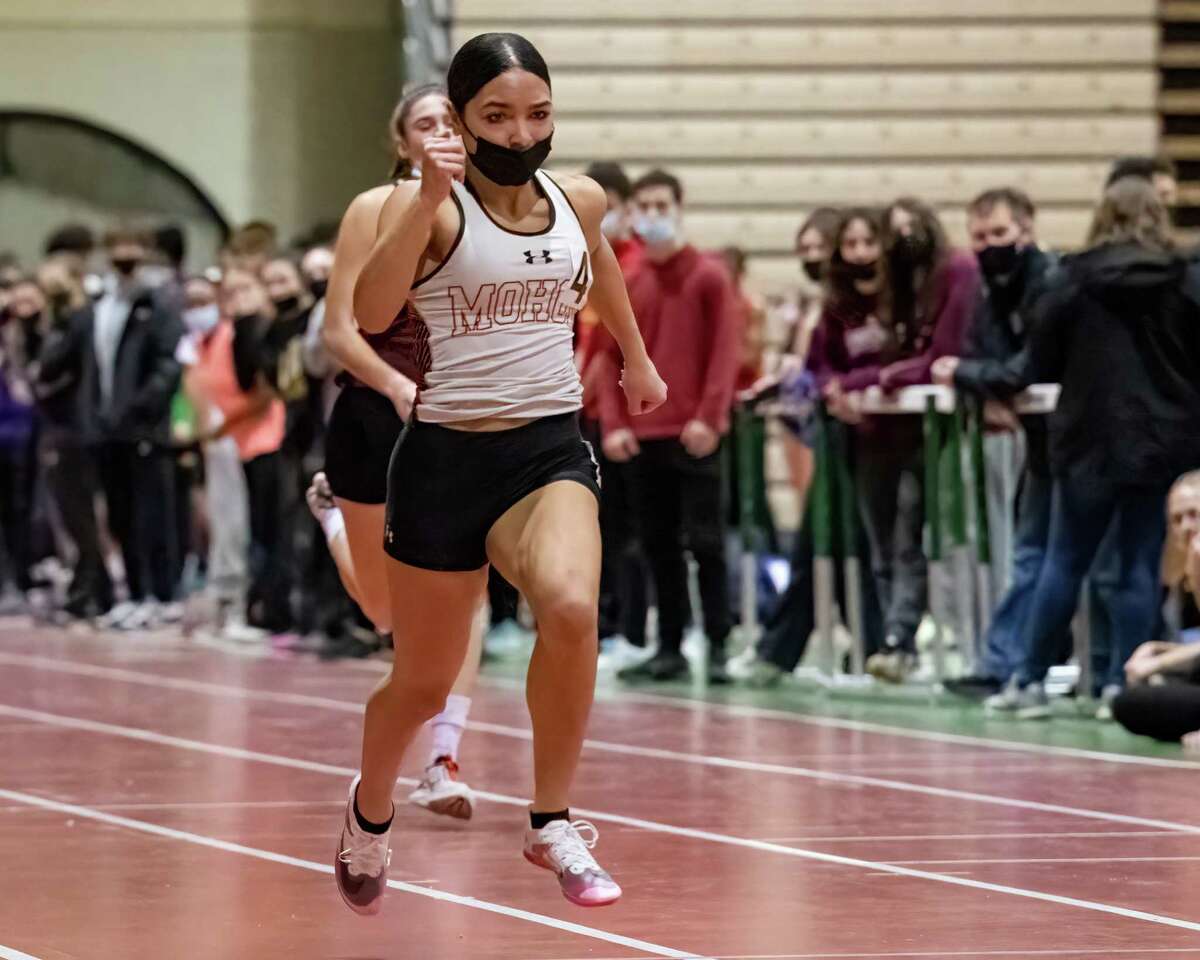 Mohonasen senior Zionna Perez-Tucker competes in the 50-meter dash at the indoor track state qualifier at Hudson Valley Community College. She is the Athlete of the Year.
