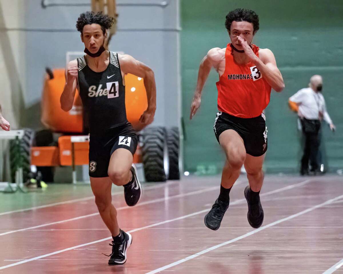 Shenendehowa senior Carter Cukerstein, left, competes in the 55-meter dash at indoor track state qualifier at Hudson Valley Community College in Troy on Feb. 5. He was named Athlete of the Year for boys' track.