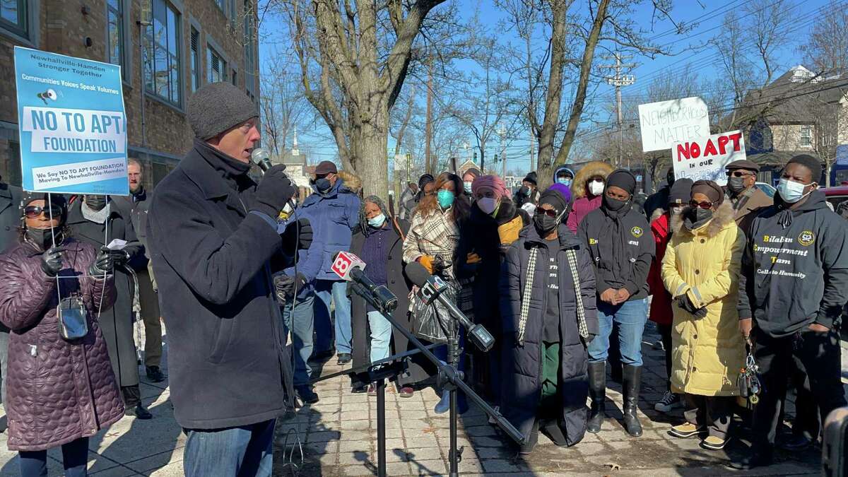 New Haven Mayor Justin Elicker speaks to residents rallying against the relocation of a methadone clinic to Newhallville. Feb. 5, 2022