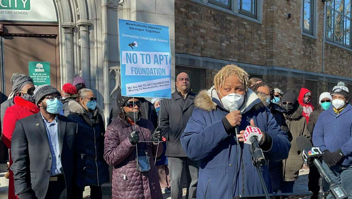 Mary Gates speaks at a rally against relocating an APT Foundation methadone clinic to Newhallville, Feb. 5, 2022