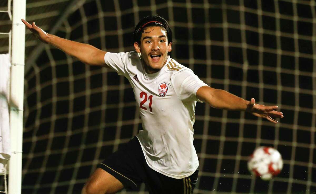 Caney Creek’s Mario Leon (21), shown here earlier this week, scored a hat trick against Cleveland on Saturday.