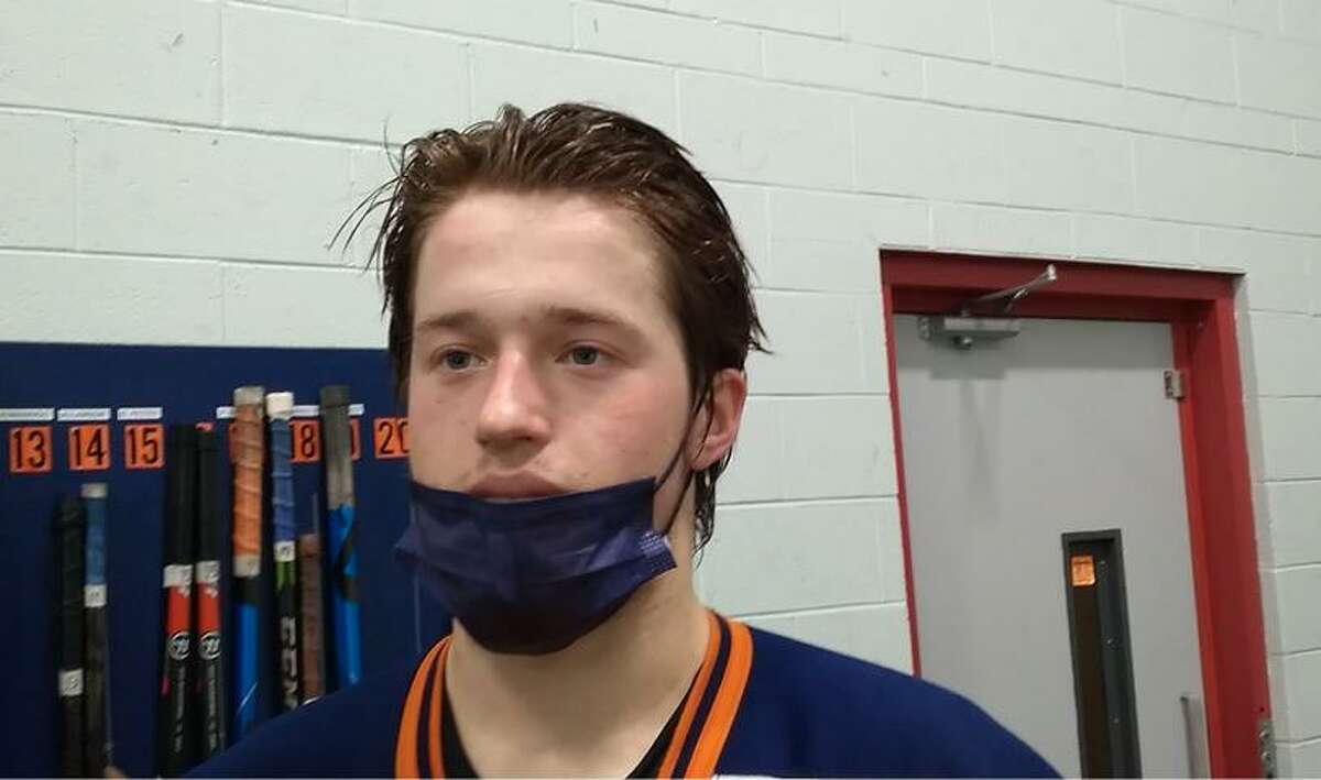 Lyman Hall forward Jack Roberts after a 2-1 boys hockey win over East Haven at Northford Ice Pavilion on Feb. 5, 2022, in North Branford, Conn.