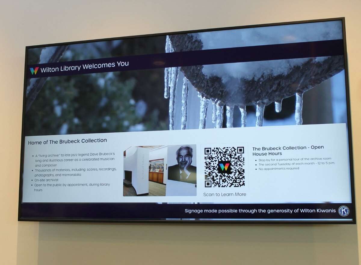 The Wilton Library has announced the launch of new digital signage that is placed throughout the library’s building at 137 Old Ridgefield Road in the town, and that will be used to communicate, and connect with the community. The new digital signage is shown.