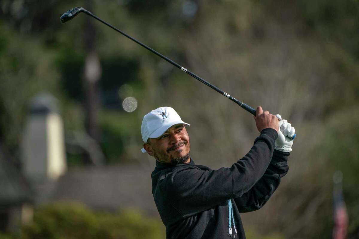 Mookie Betts tees off on at the 6th hole on the Pebble Beach Golf Links at the AT&T Pebble Beach Pro-Am on Saturday, Feb. 5, 2022 in Pebble Beach, Calif.