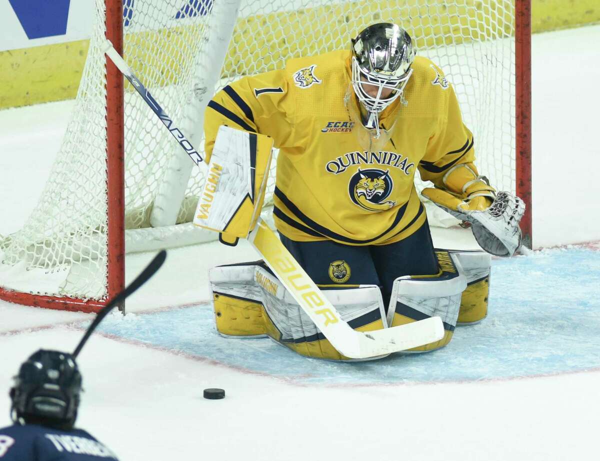 Quinnipiac goalie Yaniv Perets, seen here against UConn during the Connecticut Ice tournament, posted his 10th shutout of the season on Saturday in a 1-0 win over RPI. The Bobcats now hold the NCAA record with 13 shutouts this season.