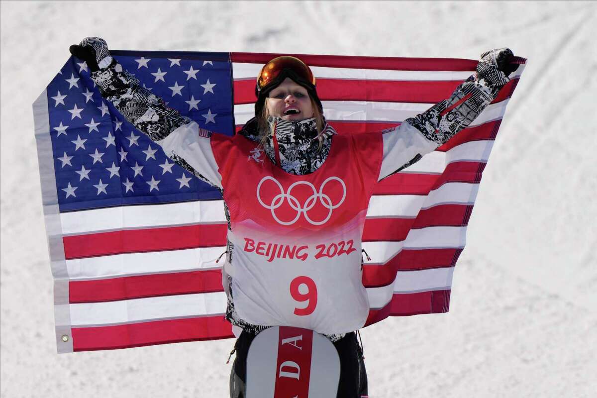 United States's Julia Marino celebrates after winning a silver medal in the women's slopestyle finals at the 2022 Winter Olympics, Sunday, Feb. 6, 2022, in Zhangjiakou, China. (AP Photo/Francisco Seco)