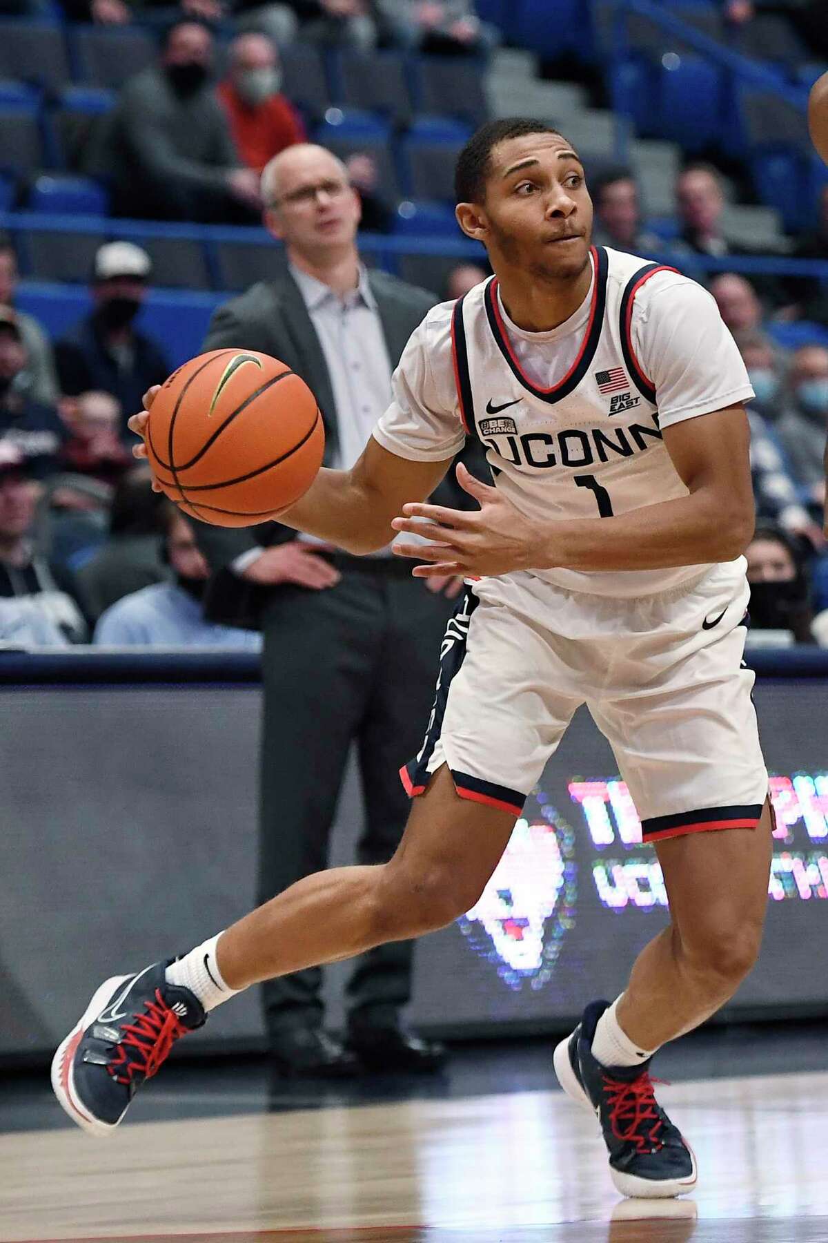 Connecticut's Rahsool Diggins in the second half of an NCAA college basketball game, Tuesday, Jan. 18, 2022, in Hartford, Conn. (AP Photo/Jessica Hill)
