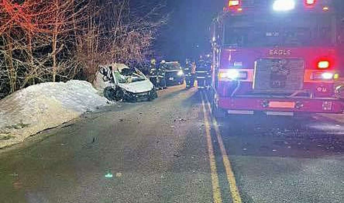 Crews freed two individuals trapped inside this vehicle after a crash in Ansonia, Conn., on Sunday, Feb. 6, 2022.