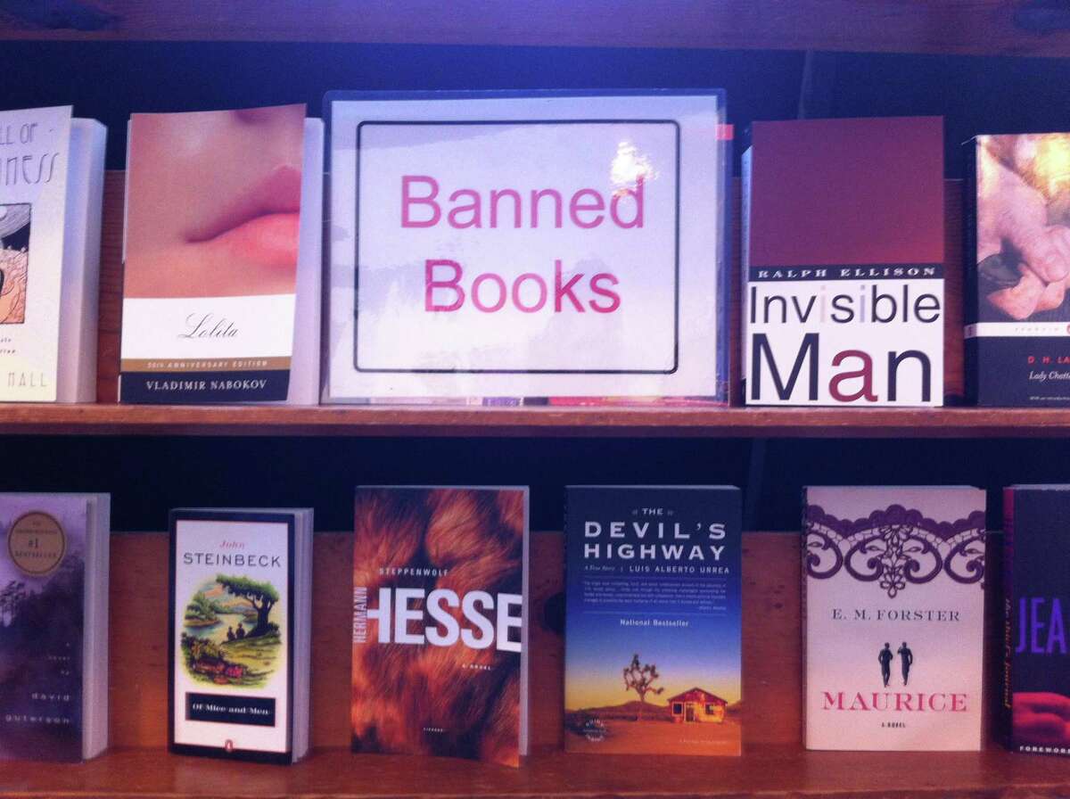 Banned books on display in a shop.