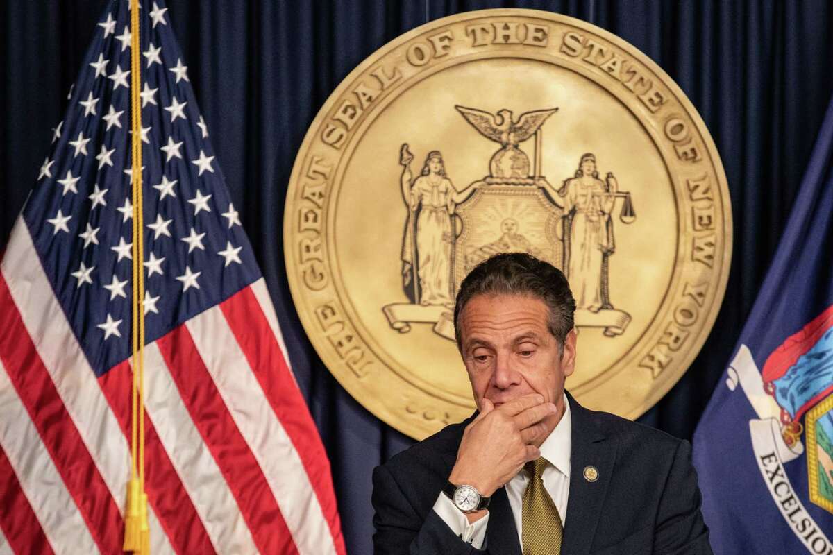 Andrew Cuomo, former governor of New York, pauses during a news conference in New York on Monday, Oct. 5, 2020. MUst CREDIT: Bloomberg photo by Jeenah Moon